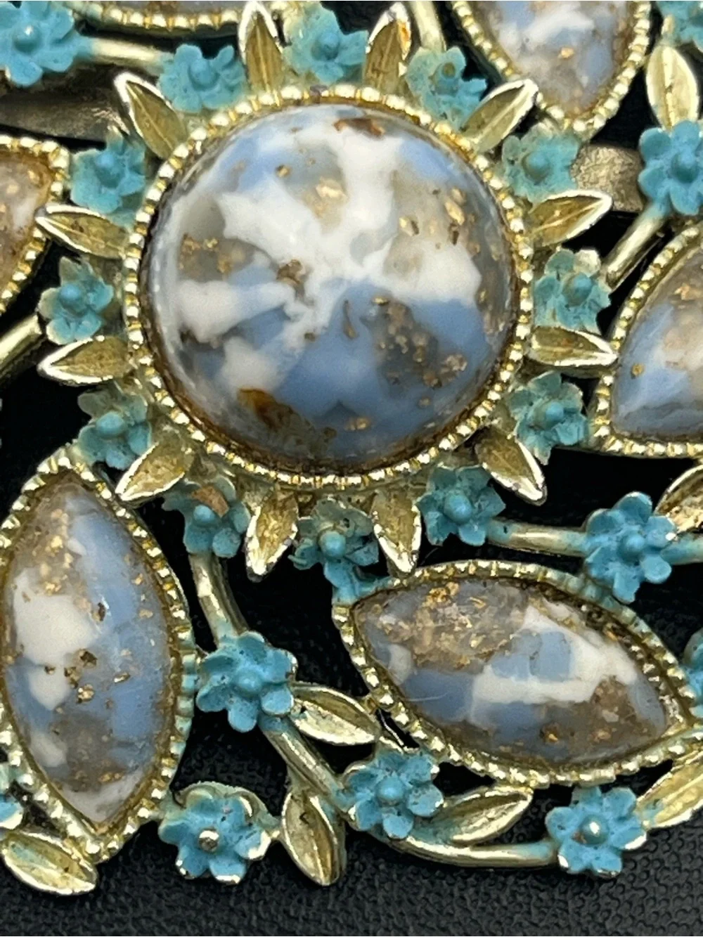 Blue faux stone cabochon painted enamel flower gold tone brooch pin vintage
